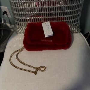 Vegan Red Faux Fur Clutch with Gold Chain